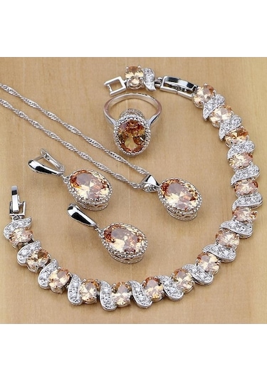 Novahub Gümüş Renk Gelin Takı Şampanya Taşı Takı Setleri Kadınlar Için Küpe/kolye/yüzük/bilezik Şampanya 7.5 Krem