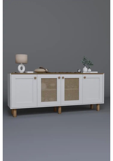 Bohem Serisi Natura 2 Kapak Pvc Hasır Desen Mat Beyaz - Açık Ceviz Konsol Açık Ceviz & Beyaz