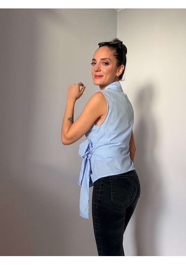 Ali Butik Mavi Sıfır Kol Poplin Gömlek Mavi