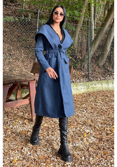 İndigo Kruvaze Yaka, Kapüşonlu, Çift Cepli, Beli Kemerli, Uzun Kaşe Kaban Astarsız İndigo