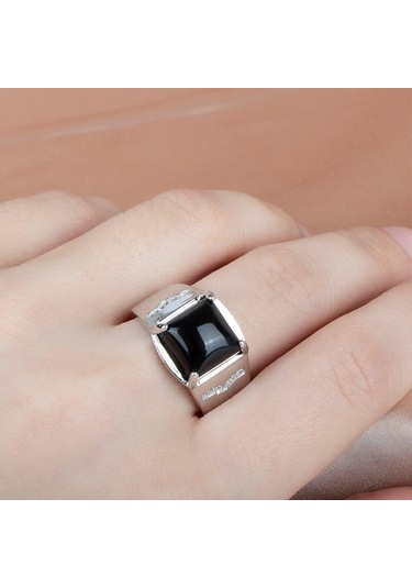 Bella Box Klasik Yüzük Kare Siyah Zirkon Açık Ayar Yüzük Güzel Takı Siyah