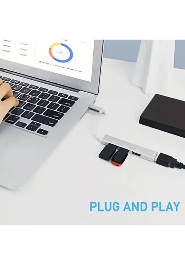 Hightower Gri 4'ü 1 Arada Usb 3.0 Hub Usb-c Adaptörlü Hızlı Veri Aktarımı