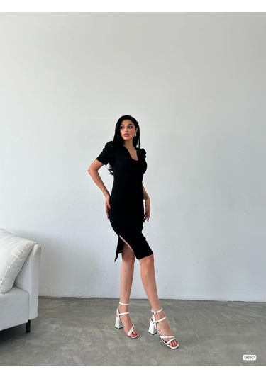 Soonaksesuar Kadın Kruvaze Yaka Yandan Yırtmaç Detaylı Scuba Krep Kumaş Midi Boy Elbise Siyah