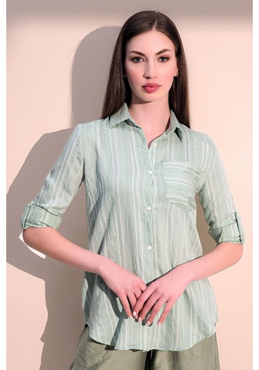 Kadın Yeşil Uzun Kol Özel Kumaş Tek Cep Gömlek Dik Çizgili Arkası Uzun Basic Kesim Gömlek Yeşil