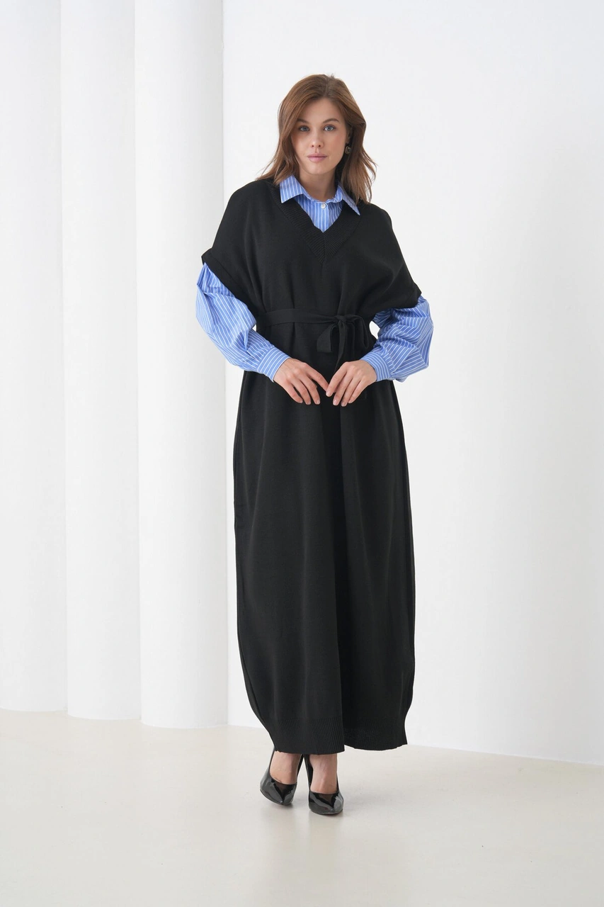 Kadın Uzun Kol Gömlek Yaka İçi Gömlekli Triko Kuşaklı Triko Spor Şık Elbise Siyah