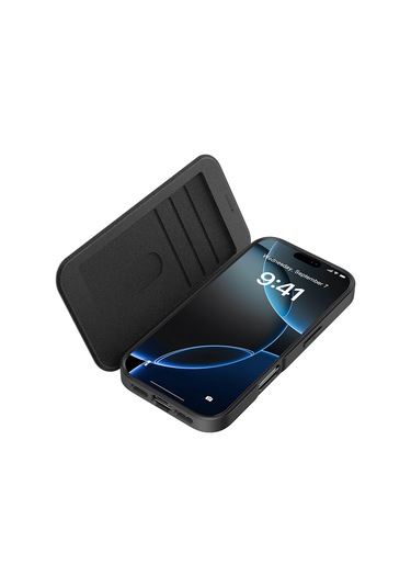 İphone 17 Pro Max Uyumlu Kılıf M-safe Şarjlı Raptic Air Folio Şeffaf Kartlıklı Kapaklı Kılıf Siyah