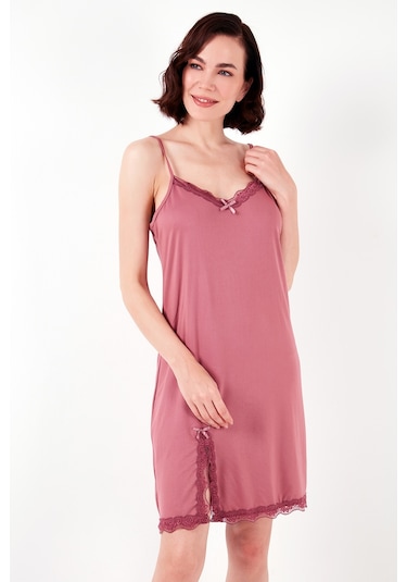 Lela Dantel Detaylı Yırtmaçlı Sabahlıklı Bayan Gecelik 6097580 Gül Kurusu