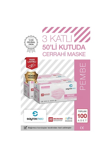 Saytekmed Meltblown Filtreli, Yassı İpli, 3 Katlı Pembe Maske (2 Kutu/100 Adet)
