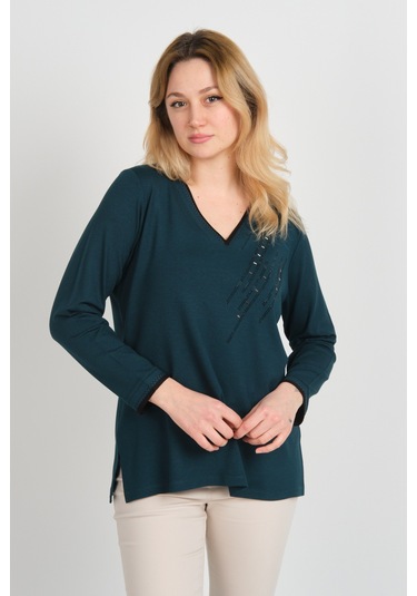 Detay Triko Kadın V Yaka Taş İşlemeli Uzun Kol Anne Bluz 5751 Yeşil Yeşil