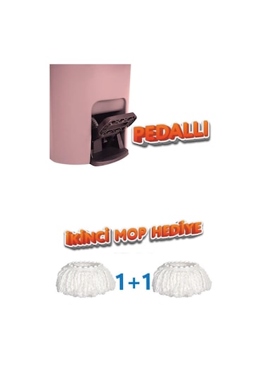 Twin Turbo Pedallı Çelik Mop Set, Temiz Ve Kirli Suyu Ayıran Otomatik Temizlik Seti 1+1 Mop Pembe