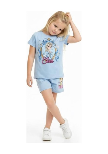 Miniko Kids Kız Çocuk Elsa Modelli Pamul Şortlu Takım Mavi