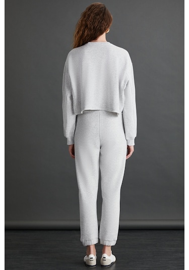 Gloryy Kadın Comfort Fit Baskı Detaylı Lastikli Paça Organik Pamuklu Grimelanj Eşofman Takımı