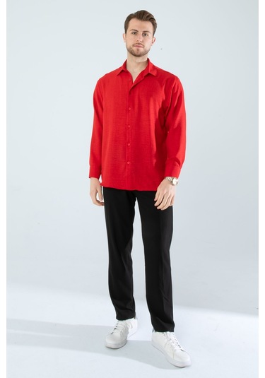 Rahat Kesim Keten Dokulu Gömlek Kırmızı