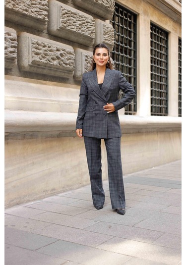 6 Düğmeli Kruvaze Ekose Takım Lacivert Lacivert