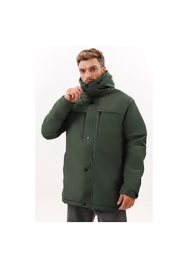 Erkek Polarlı Kürklü Su Ve Rüzgar Geçirmez Kapüşonlu Kışlık Mont & Kaban & Parka - Elyaflamalı Haki