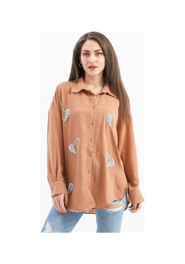 Taşlı Kalp İşlemeli Keten Gömlek - Vizon-vizon Vizon