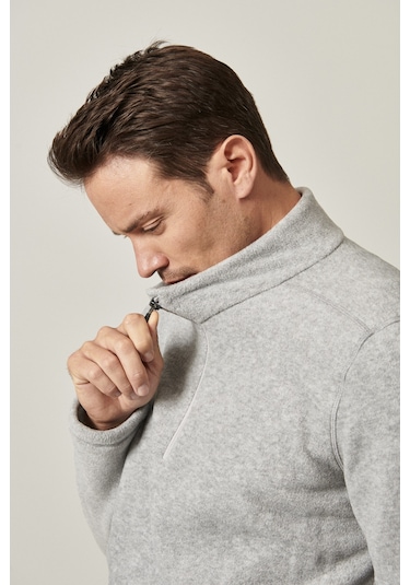 AC&Co / Altınyıldız Classics  Erkek Grı Anti-pilling Tüylenme Yapmayan Standart Fit Dik Yaka Polar Sweatshirt Grı Gri
