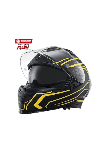 Scoyco FF-871 Flash Güneş Vizörlü Kapalı Motosiklet Kask Mat Sarı - Siyah