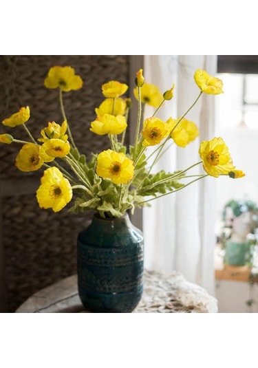 Yapay Çiçek Gelincik Çiçeği Sarı Renk 3 Çiçek 1 Tomurcuk 59cm