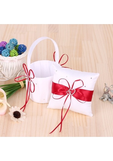 Novahub Şık Düğün Seti: Beyaz Kurdeleli Çiçek Sepeti, Yüzük Yastığı, 15x15x5, 22.5x13x12, Renk: Beyaz/mavi/mor/kırmızı Diğer