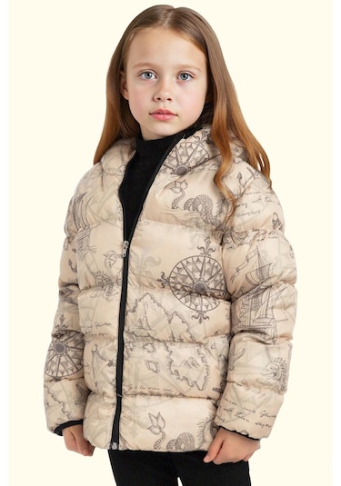 Kız Çocuk Pusula Desen Polar Su Ve Rüzgar Geçirmez Kapüşonlu Şişme Kışlık Mont Bej