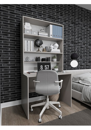 Asra Trend %100 Mdflam Raflı Çalışma Masası Bilgisayar Ofis Ders Masası Çm-03 Kül Gri