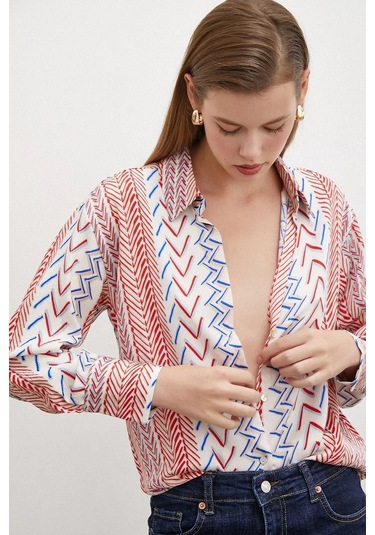 Kadın Uzun Kol Geometrik Desenli Renkli Pamuk Saten Premium Kalite Spor Şık Gömlek Kırmızı
