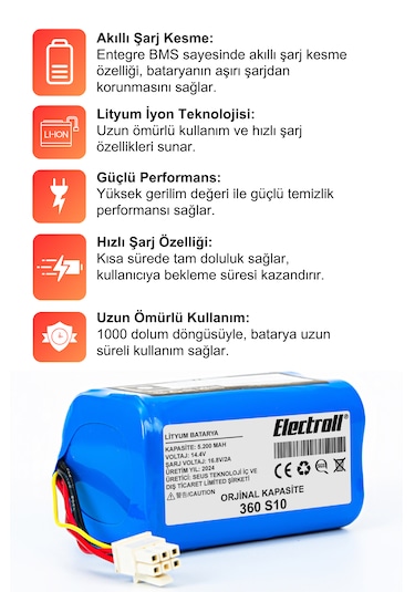 360 S10 Vacuum Mop Cleaner Uyumlu Batarya 5200mah