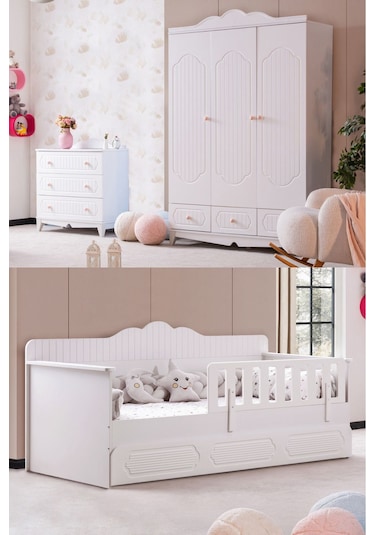 Flower Çocuk Odası Takımı, Flower Yavrulu Karyola, 3 Kapaklı Dolap, Şifonyer - Beyaz Renkli