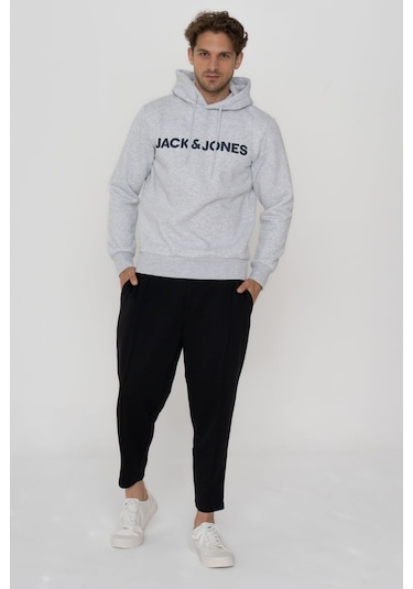 Jack & Jones Erkek Logo Baskili Kapüsonlu Sweatshirt - Deldrick 12193083 White Melange Siyah