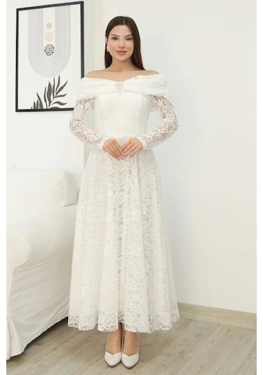 Aşkın Büyüsü Dantel Abiye Elbise 6055-beyaz Beyaz