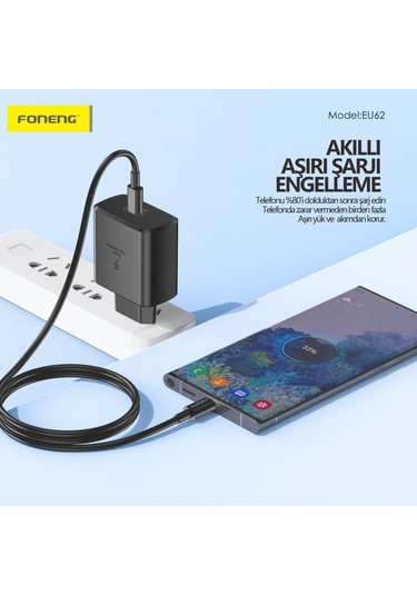 Foneng EU62 GaN 45W PD Type-c Girişli Hızlı Şarj Adaptörü Siyah