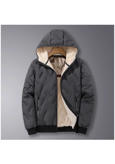 Yeni Erkek Kapüşonlu Pamuk Dolgulu Ceket, Kış Stili, Sıcaklık İçin Polar Ve Pamukla Astarlanmıştır. Gri