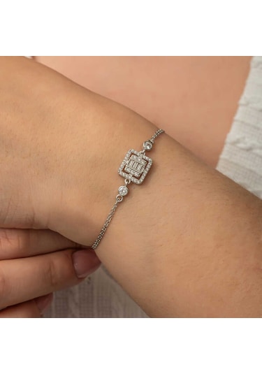 Gümüş Kare Baget Taşlı Kadın Bileklik Gümüş