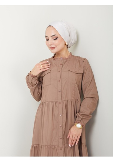 Dantelli Doğal Kumaşlı Boydan Düğmeli Kot Elbise Vizon