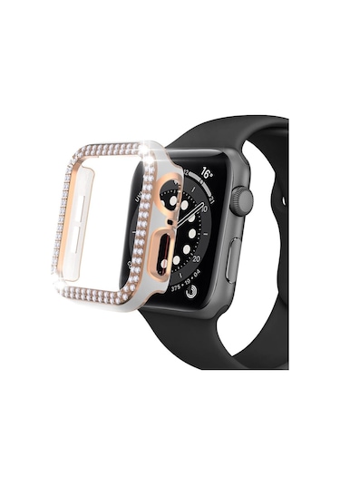 Apple Uyumlu  Watch 5 6 40 MM Çift Sıra Parlak Taşlı Rubber Kasa Ka