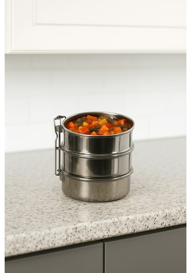 Paslanmaz Çelik Lunchbox Okul Ve Ofis İçin 3 Katlı Kilitli Sefertası No:1 Gri