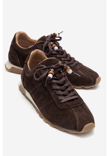 Luvishoes Brea Kahverengi Süet Hakiki Deri Boncuklu Kadın Günlük Sneaker Kahverengi
