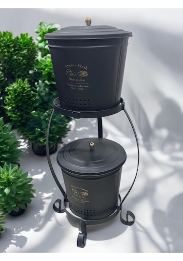 Magic Objects 2 Katlı Metal Büyük Boy Patates Soğan Kovası Kabı Sebzelik Patateslik Soğanlık Sepeti Siyah Siyah