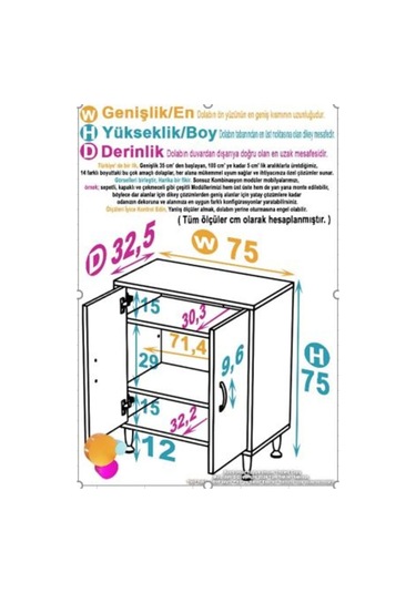 Küçük Alanlar İçin Çözümler 75x75x32,5 Cm Lik 2 Kapaklı 3 Göz Raf Çok Amaçlı Mutfak Dolabı Beyaz