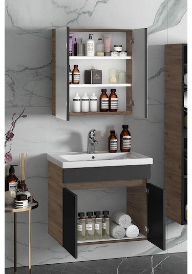 Çiğdem 65 Cm Atlantik Çam-Antrasit Gri Mat Mdf Seramik Lavabolu A Antrasit - Atlantik Çam