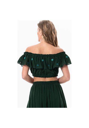 Lavinya Vual Lastik Detaylı Nakışlı Yazlık Crop Bluz Yeşil Ysl-yeşil Yeşil