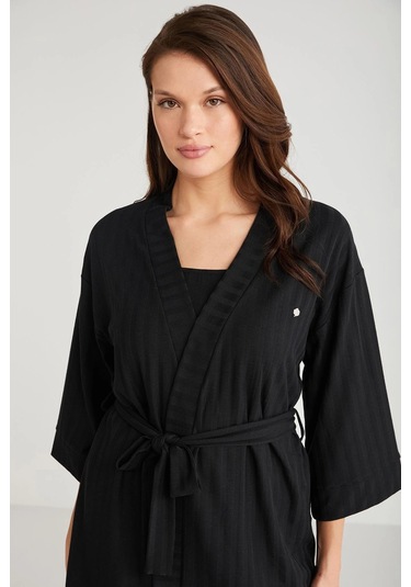 Penye Mood 3lü Kısa Kol Sabahlık Pijama Takımı Siyah