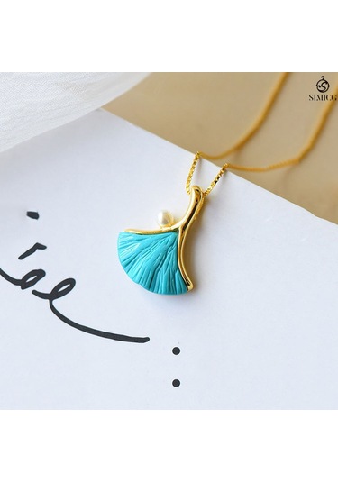 Ginkgo Yaprağı İşlemeli Turkuaz Altın Kaplama İnci Köprücük Kemiği Kolye Altın