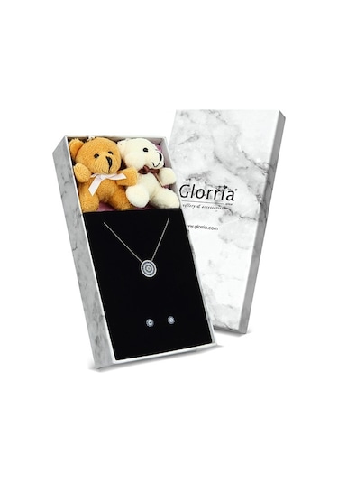 Glorria Gümüş Nazar Kolye, Küpe, Çiçekli Hediye Seti - Dt0050-Hs