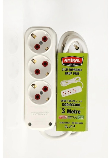 3 Lü Topraklı 3 Metre Kablolu Grup Priz 599599 1.5 M
