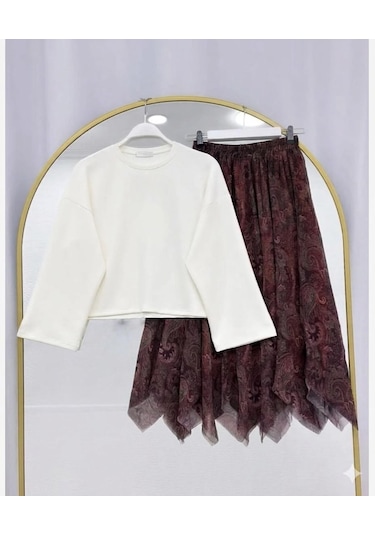 Lovie Moda Basic Bluz Asimetrik Kesim Astarlı Şifon Etekli Takım Beyaz-bordo