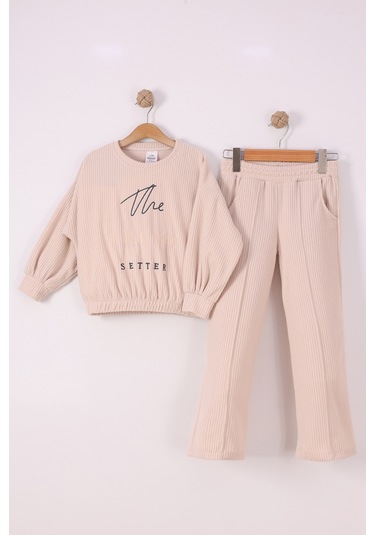 Monox Kız Çocuk Trend Nakışlı Tarz Fitilli Polar Takım Bej