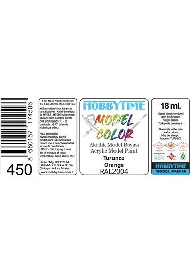 Hobbytime 450 18 Ml. Ral2004 Turuncu Orange , Akrilik Model Boyası