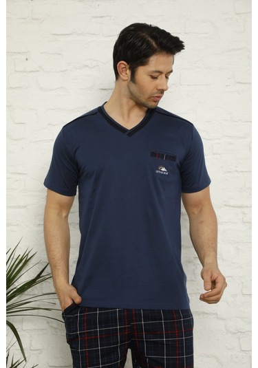 Erkek V Yaka Ekose Desen %100 Pamuk Kısa Kol Cepli Pijama Takımı İndigo